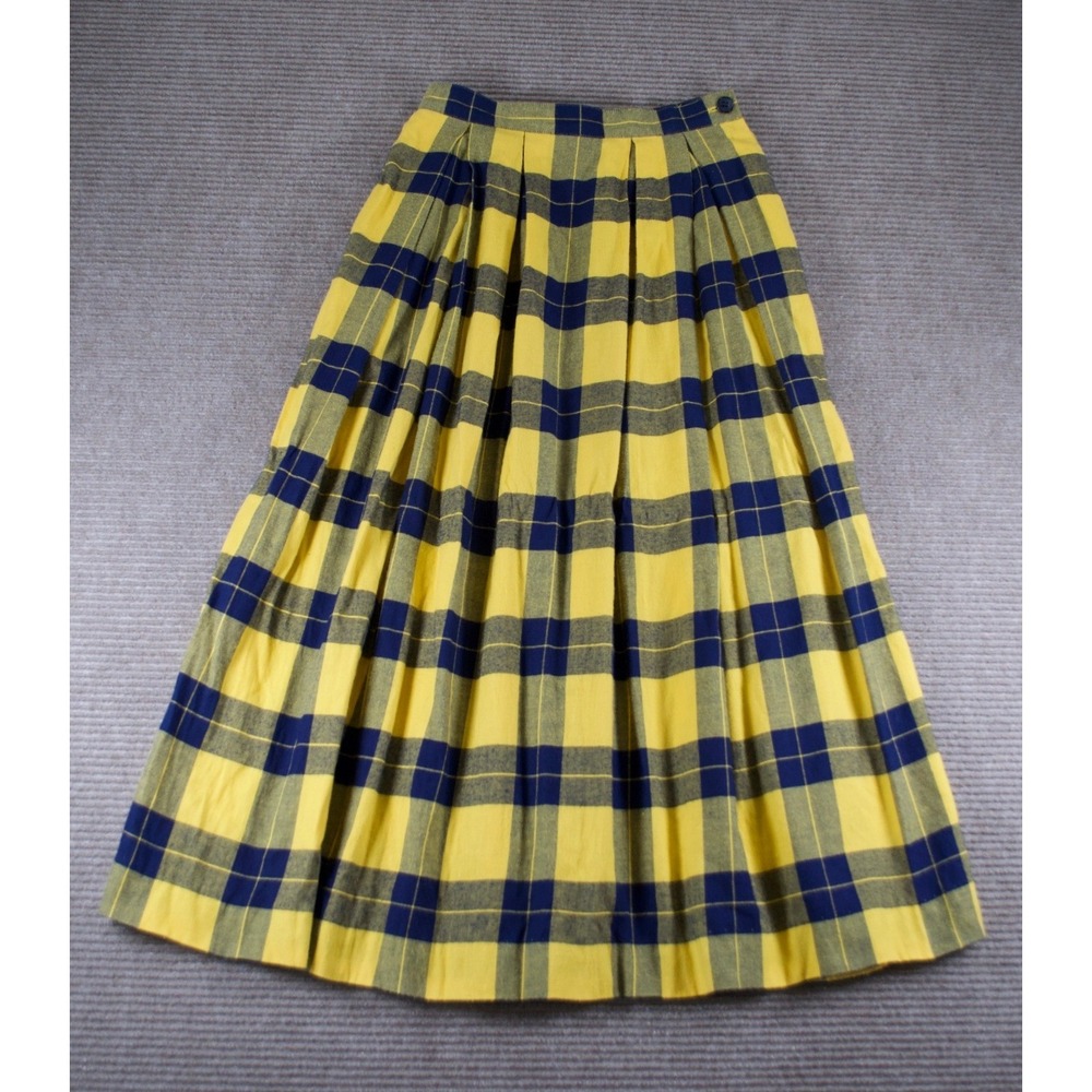 Vintage Prophecy by Chaus Yellow Navy Buffalo Check Pleated Midi Skirt Sz 3 USA